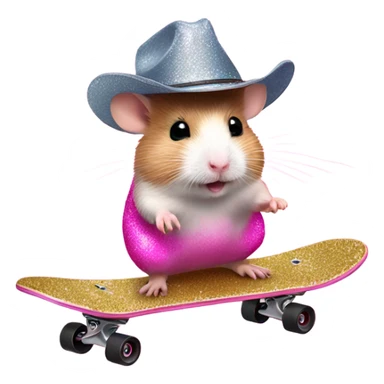 Pink ombre hamster riding a skateboard with glitter and cowboy hat sticker
