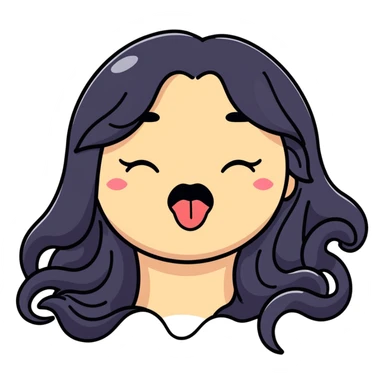 surprised and disgusted face with long black hair, goopy white liquid on cheeks, lips, and tongue, tongue sticking out, eyes shut, expressive cartoon look sticker