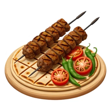 Adana kebab object icon, spicy grilled minced meat skewer, served on flatbread, grilled tomatoes and green peppers on the side, smoky char marks, juicy texture, 3D cartoon, mobile game icon style, centered, clean background, no text, no watermark
 sticker