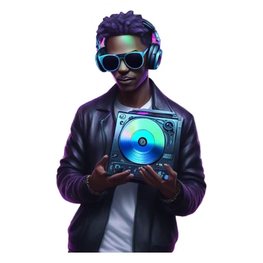 A dj wearing sunglasses playing music holding a cd record record, vinyl, oilslick holographic blacklight inverted graffiti dark dull sticker