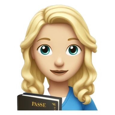 Blonde girl with blue eyes holding a passeport in her hand and sun upon her head sticker