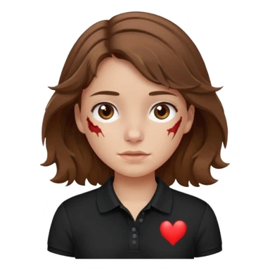 crie uma garota com ferimentos cabelo ondulado 2c castanho e blusa polo básica preta sticker