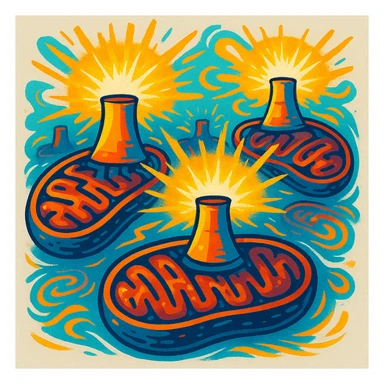 stylized mitochondria as nuclear power plants, visibly radiating energy, updated DALL·E 3 style, vibrant colors, no foreign organs or objects, neutral background sticker
