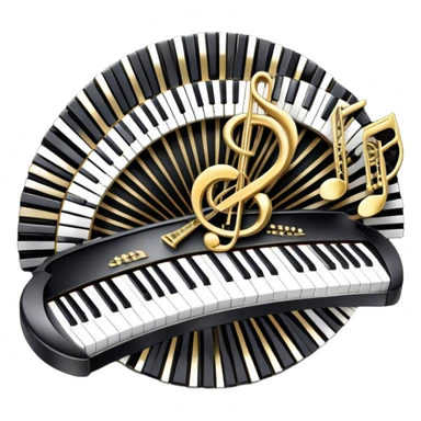 Create an elegant and festive emoji collage representing keyboard instruments, styled like a heraldic emblem. The design should feature a central focal point of black and white piano keys, arranged in a semi-circular or shield-like shape. Around the piano keys, add intertwining musical notes that form flowing ribbons, creating a dynamic and celebratory atmosphere. The design should be professional, with polished silver and gold accents on the keys and notes, highlighting the luxury and sophistication of the instruments. Add subtle shading and lighting effects to give the design a refined, 3D appearance. The background should remain transparent, and the overall feel should evoke grandeur, artistry, and a sense of celebration. sticker