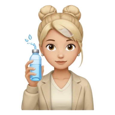 clean girl aesthetic emoji, holding a water bottle, fresh face, tidy bun, simple jewelry, beige and white colors sticker