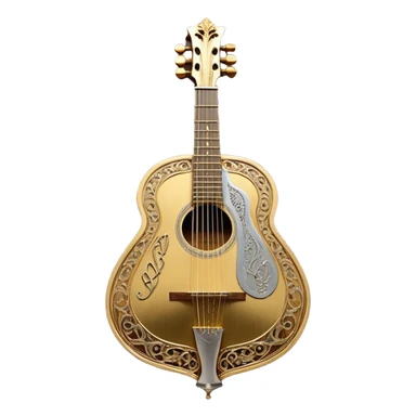 Create a complex, ceremonial, and professional emoji resembling a coat of arms, symbolizing plucked string instruments. The design should feature a combination of elements such as the necks and fretboards of various plucked string instruments like guitars, harps, and mandolins. The strings should be clearly visible, and the frets should be detailed. Intertwining with the instruments, there should be a flowing ribbon of musical notes, curving elegantly around the instruments and connecting them. The colors should include golden metallic tones, warm wood finishes, and silver accents to emphasize the professional and festive nature of the design. The background should be regal, using subtle textures or patterns to give a sense of grandeur, while keeping the instruments and notes as the focal point. The design should evoke a sense of celebration and sophistication, reflecting the rich tradition of plucked string instruments. sticker