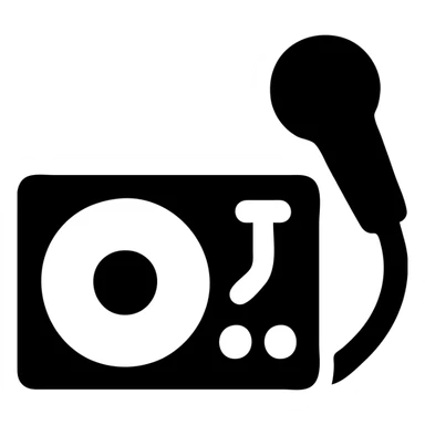 A DJ setup in a black filled icon style, with a microphone. sticker
