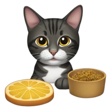 Black mackerel tabby cat eating a dog sticker