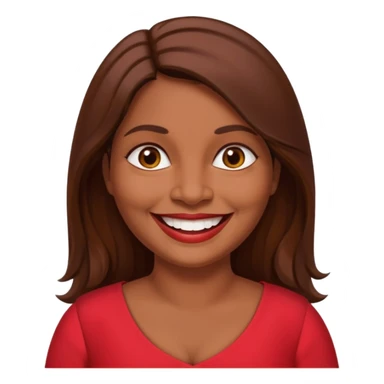 50 yr old chubby Sri Lankan woman, dark skin, straight brown hair, big smile, white teeth, red dress clothes, longer hair sticker