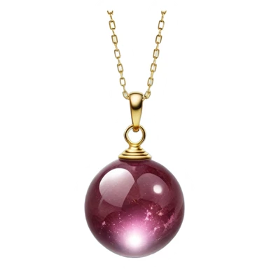 A polished round ball wine granite pendant suspended from a delicate gold chain, like a drop of enchanted starlight, glowing with the warmth of passion and the quiet power of transformation ethereal floating magical moving sticker