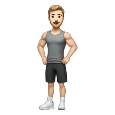 Full height Actively gesturing with hands Pale skinned Fit Man With the biceps and brown hair in dark gray Sleeveless Mike, black oversize sports shorts, watch and white Sneakers sticker
