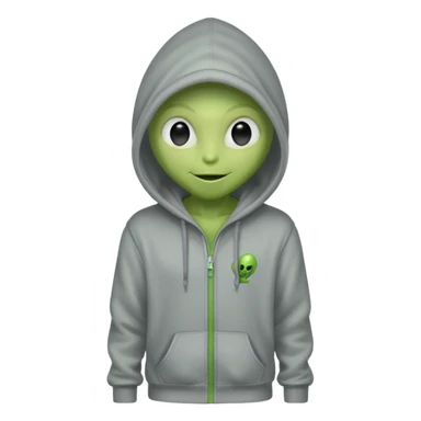 green alien in gray hoodie full height, wear hoodie hat, happy sticker