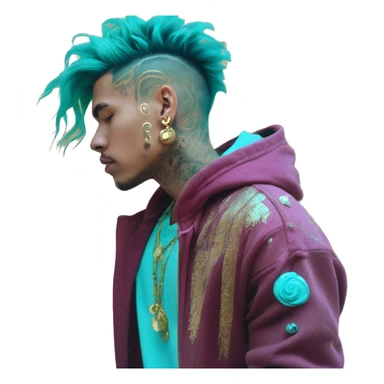 Vintage grunge patina intricate swirls gold jewellery baroque golden sparkle tropical Deep pink maroon burgundy cyan dark hoodie man dyed hair gold piercings nose piercing ear piercings sticker