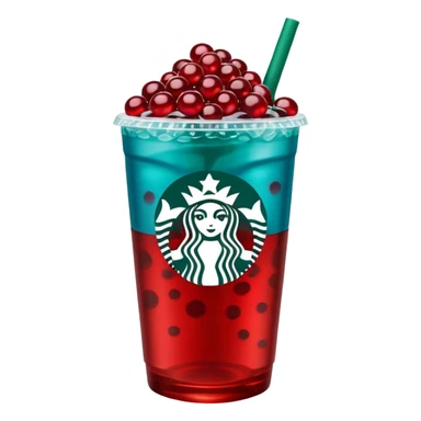 Teal-blue colored Starbucks refresher with red bobs pearls at the bottom sticker