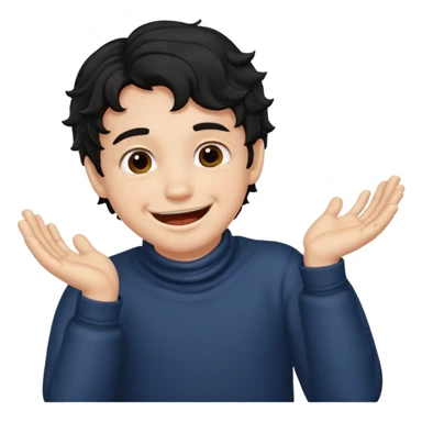 a boy with black wavy hair smiling very big but strangling his neck with his hands sticker