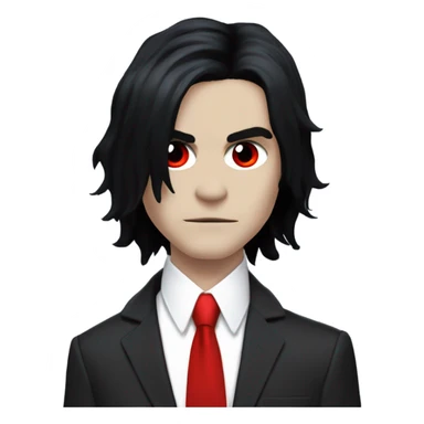 Gerard way with black hair that goes to his shoulder, red suit with a red tie, and red eye makeup, from the three cheers for sweet revenge era sticker