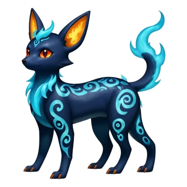 Shiny Fiery Dark Glowing Ethereal Eldritch Cool Edgy Badass Punky Aural Iridescent Fluorescent Bioluminescent Umbreon-Amaura-Salandit-Litten-Flareon-Fakémon-fusion (full body) with intricate pattern markings sticker