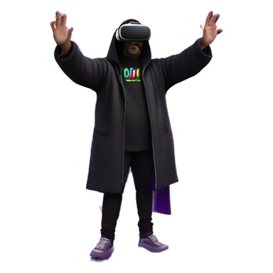 Big Lebowski wearing a black hoodie with "OMG" letters on it and VR headset oculus quest 2 in a cyberpunk VR environment with violet neon lighting. Showing direction with hand sticker