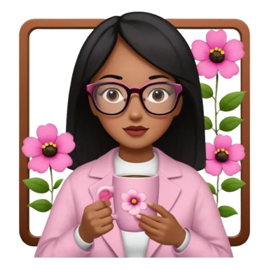 Chica de pelo negro ojos negros y piel morena con lentes oversize square GAFAS DE LEER BIEN GRANDES , en la mano derecha una taza de cafe en color rosa con una flor negra de diseno. Sentada mirando un drama koreano en la television.  sticker