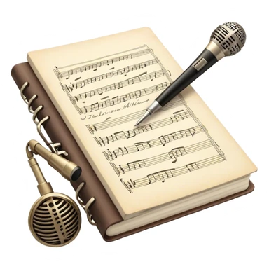 Create an emoji representing songwriting. The design should feature an open notebook or sheet music with visible lyrics and musical notes, symbolizing the process of writing song lyrics. A pen or pencil should be placed near the notebook, indicating active writing. Optionally, include a vintage microphone or a quill to add a creative touch. Use a harmonious color palette with warm and neutral tones. Do not include any emojis or smiley faces. Make the background transparent. sticker