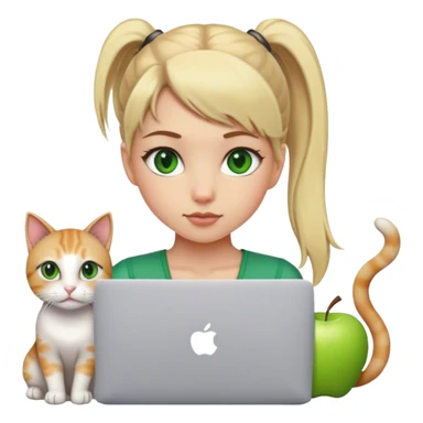 Blonde girl ponytail green eyes with apple MacBook and a cat sticker
