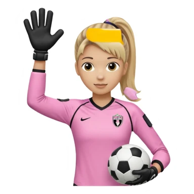 Make a dirty blonde football goalkeeper with goalkeeper gloves on. The girl is light skinned and wearing a light pink football kit. Wearing one ponytail on back of head. Make it without the whole body. With full sleeves. No RUGBY BALL JUST BLACK AND WHITE BALL. Holding ball under armpit sticker