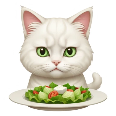 grumpy white cat sitting at a table, looking confused with its ears slightly back. In front of the cat is a plate with a salad with mouth a little open, and disagreement in the cat's face sticker