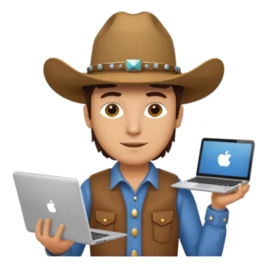 cowboy coder with a laptop infront and he is white sticker