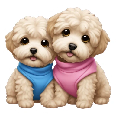 2 maltipoo dogs hugging, one wearing a pink sweatshirt and the other wearing a blue one sticker