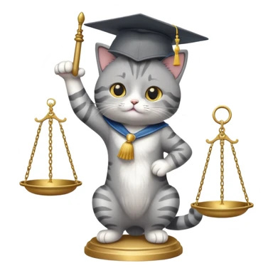 cat wearing a graduation cap, balancing the scales of justice on the tip of its tail sticker