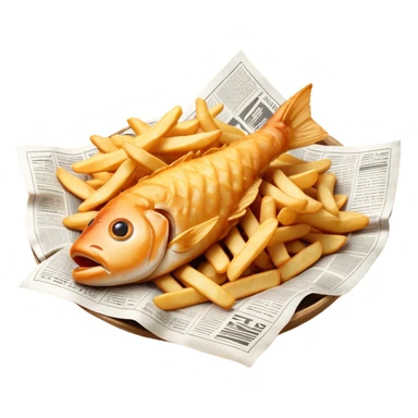 Cinematic Realistic Fish and Chips Dish Emoji, depicted with crispy golden battered fish and chunky hand‚Äêcut chips served in traditional newspaper wrapping, rendered with mouth‚Äêwatering texture and warm natural lighting that captures its quintessential British charm. sticker