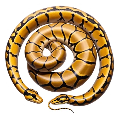 A photo-realistic top-down view of a Ball Python gently coiled into a tight spiral, with its head resting peacefully at the center. Its scales are warm brown with bold, irregular black markings, including the distinctive “alien-head” pattern, flowing smoothly along its body.  sticker