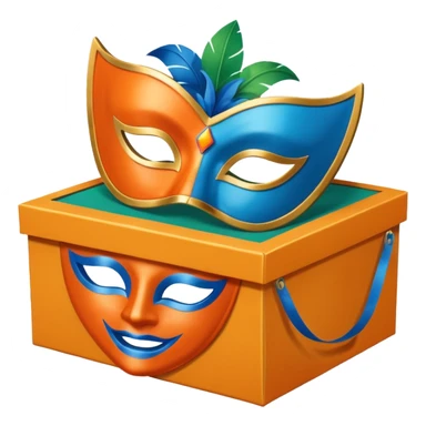 a box and a carnival mask in orange, blue and green on top of it , trying to make a carnival pack sticker
