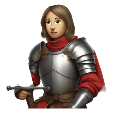 Joan of arc in medieval armor kneels, looking upward, with hands resting on a sword. They're dressed in a red garment under the armor. sticker