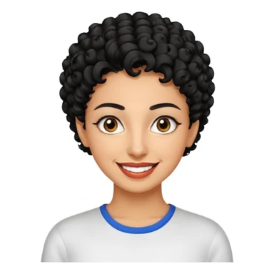 30 year old iranian woman very short curly black hair, big brown eyes, tanned skin, big smile, white teeth, pretty, stylish, shorter hair, boy cut hair sticker