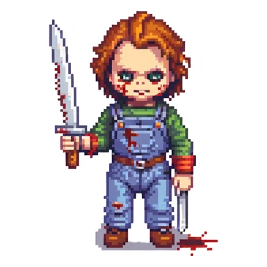 Chucky doll holding a bloody knife, horror style sticker