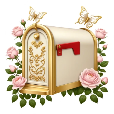 A vintage-inspired letterbox scene, where an old-fashioned ivory mailbox with golden filigree stands in a blooming rose garden, overflowing with love letters adorned with pressed blush roses and white peony petals, with pearl butterflies fluttering nearby. sticker