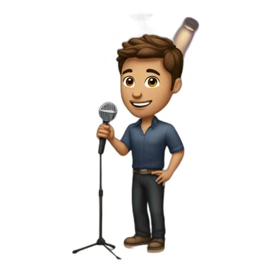  men with brown hair and light skin with microphone stand in front of him with show spotlights on a stage and many lights and spotlights on a raised theater stage sticker