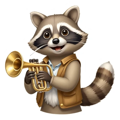 Create an image of a raccoon joyfully playing a trumpet. The raccoon is holding the trumpet high in the air, with its face tilted upwards as it blows into the instrument. Capture the lively expression on the raccoon's face and the dynamic movement of the trumpet, set against a vibrant background that enhances the playful atmosphere sticker