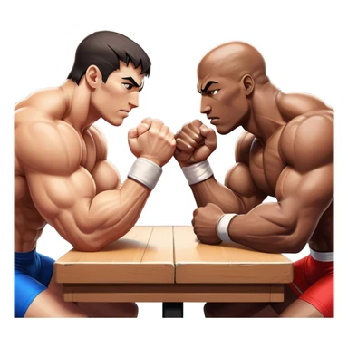 Two athletes engaged in an intense arm wrestling match, their muscles straining as they battle for dominance. The scene captures the powerful clash of strength, with close-ups on the hands locked in a firm grip, sweat glistening under bright lights. The background features a wrestling table. sticker