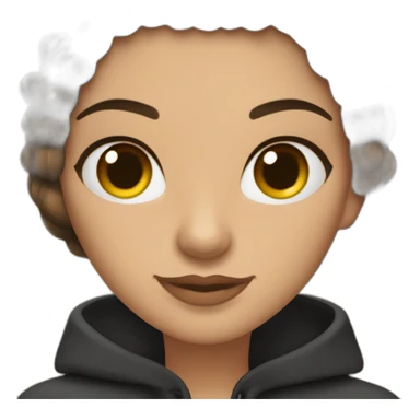 mujer con cabello castaño por los hombros con flequillo lacio, con anteojos cat eye negros, pelo castaño, ojos marrones Tiene una computadora. sticker