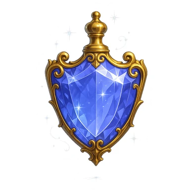 luxurious crystal elixir bottle in shield shape, color #7986cb, lots of shining, edges, ornaments, golden details, magical effects, very small golden neck, transparent background, beautiful seamless base, bottle clearly floating in air, no base or shadow, premium class impression, modern and exclusive design, matching a collection of crystal, luxurious, magical bottles sticker