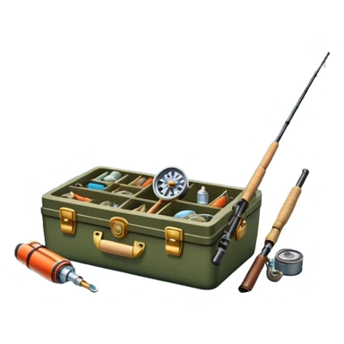 Icon for Fishing: a boat on the shore of a peaceful water body with a beautiful natural landscape, a fishing tackle box, a spinning rod. The icon should capture the tranquility and gear of a fishing adventure. Without frame. Transparent background. sticker