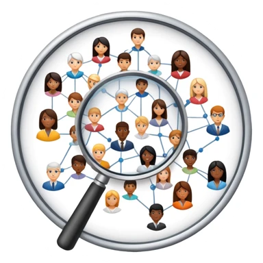 An icon featuring a network of interconnected people, a magnifying glass, and a chart, symbolizing sociology. The design includes diverse figures and social patterns, representing the study of society, behavior, and social structures. Transparent background highlights human interaction sticker