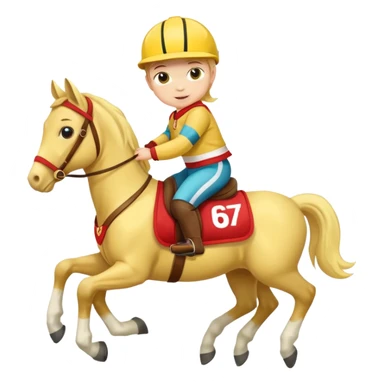 baby riding horse wearing racing cloth yellow number sticker
