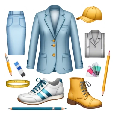 Icon for Fashion Design: sketches of clothing, shoes, and accessories with design tools like a pencil, fabric swatches, and a measuring tape. The icon should represent creativity in fashion design and tailoring. Transparent background. sticker