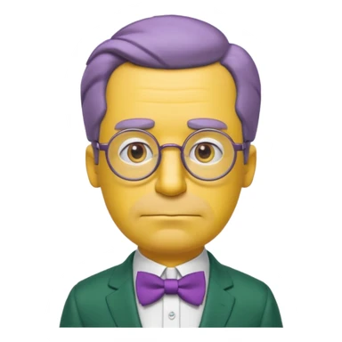 simpsons yellow man with neatly parted brown-gray hair, thick rectangular eyebrows, large round eyes behind thin glasses, a pointed nose, and a green suit with a white collar and purple bow tie. sticker