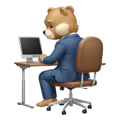 Care bear sad in suit back view, sit on a chair, working on a computer, with a big desk sticker