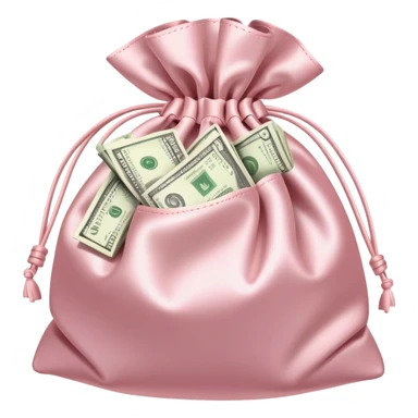Soft pink satin money bag overflowing with cash, subtle luxury, no logos sticker