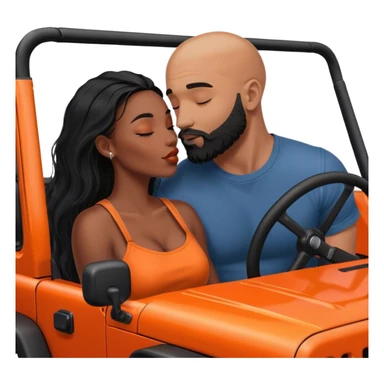Intimate moment between lovers, real photo Realistic Couple, black woman with long black balayage hair is kissing bald white muscular man with orange facial hair and beard in a red Jeep Wrangler  sticker